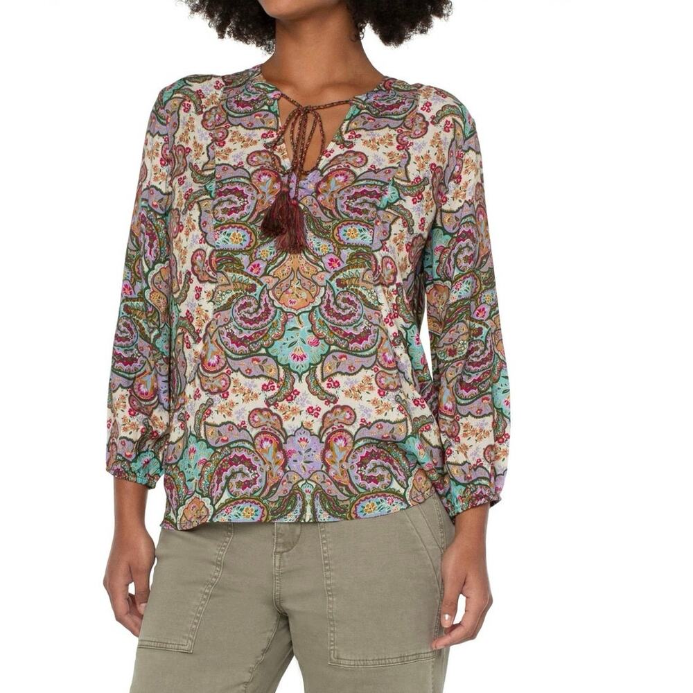 Liverpool Los Angeles Long Sleeve Paisley Boho Top with Tassel Detail Size S